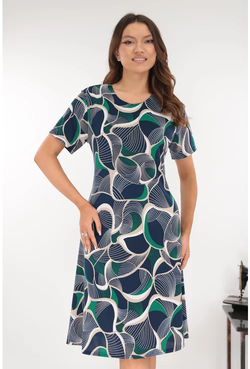 Rochie evazata bleumarin cu print abstract verde