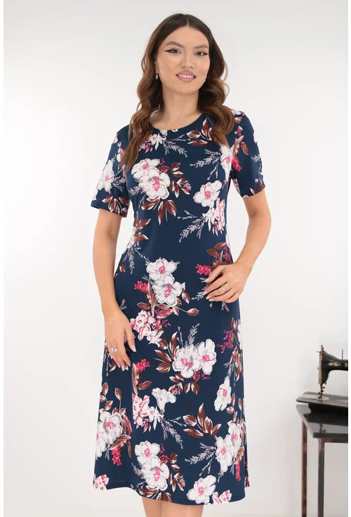 Rochie evazata bleumarin cu print floral alb-roz