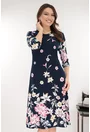 Rochie evazata bleumarin cu print floral roz-gri