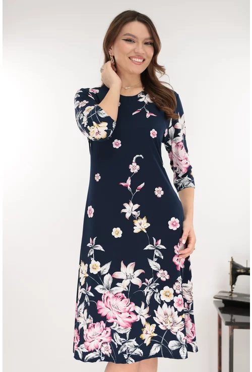 Rochie evazata bleumarin cu print floral roz-gri