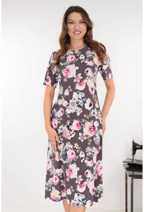 Rochie evazata cafenie cu trandafiri roz