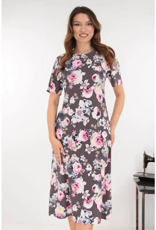 Rochie evazata cafenie cu trandafiri roz