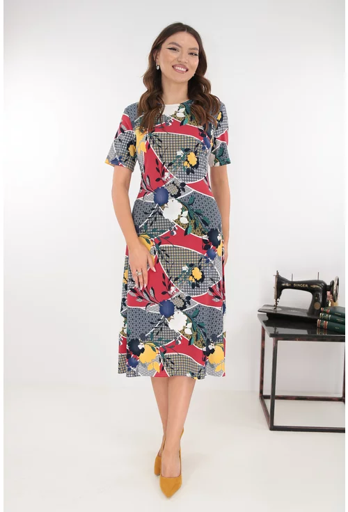 Rochie evazata cu imprimeu abstract multicolor