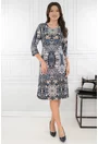 Rochie evazata cu print abstract bleumarin-bej