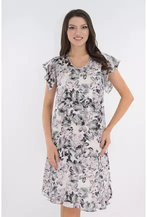 Rochie evazata din voal satinat cu print floral gri