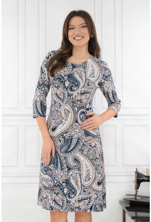 Rochie evazata gri-bej cu imprimeu floral