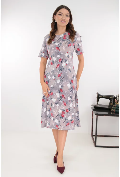 Rochie evazata gri cu print floral alb-rosu