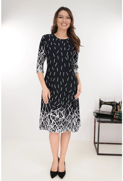 Rochie evazata neagra cu imprimeu geometric in degrade