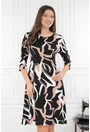 Rochie evazata neagra cu print abstract alb-cafeniu