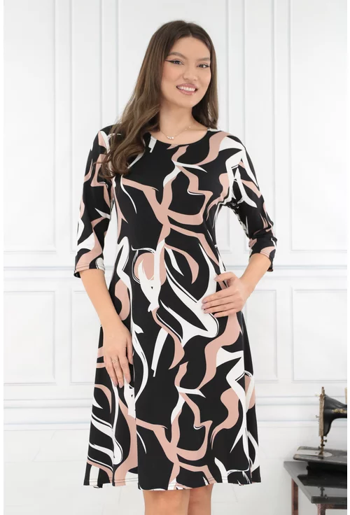 Rochie evazata neagra cu print abstract alb-cafeniu