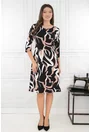 Rochie evazata neagra cu print abstract alb-cafeniu