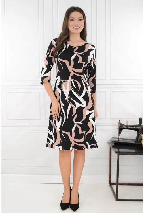 Rochie evazata neagra cu print abstract alb-cafeniu