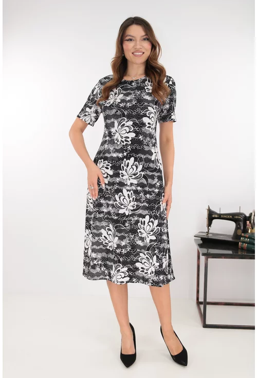 Rochie evazata neagra cu print floral alb
