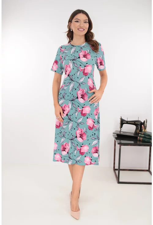 Rochie evazata turcoaz cu flori maxi roz