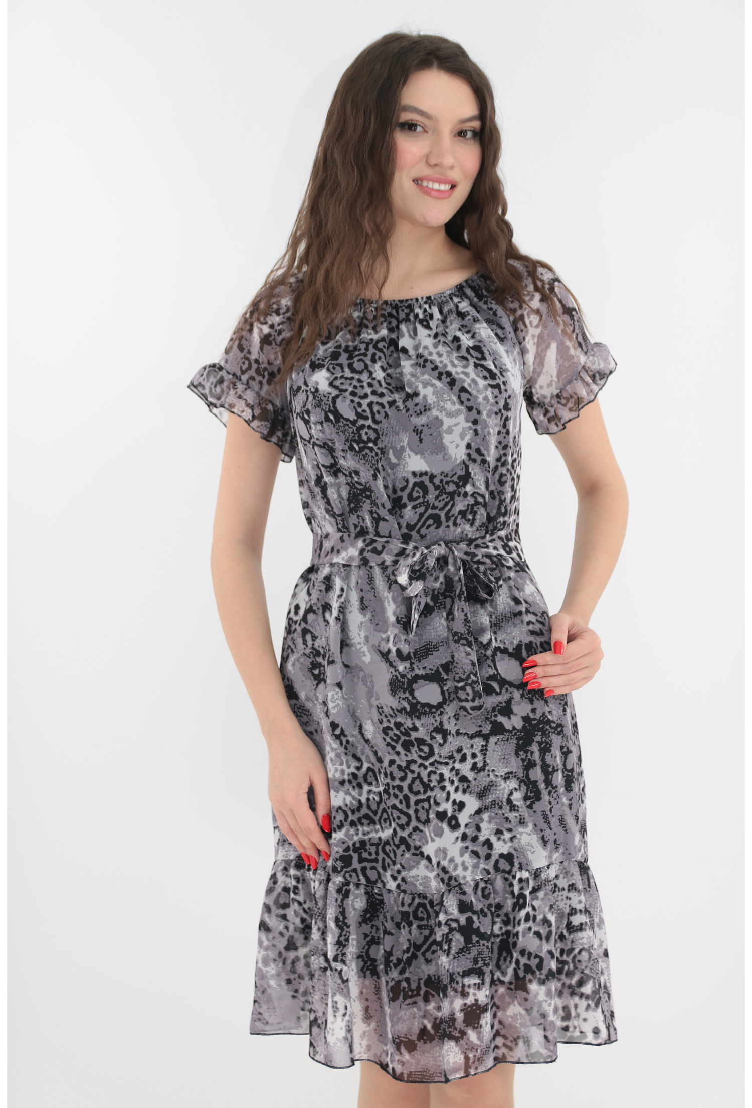 Rochie gri din voal cu animal print si cordon in talie