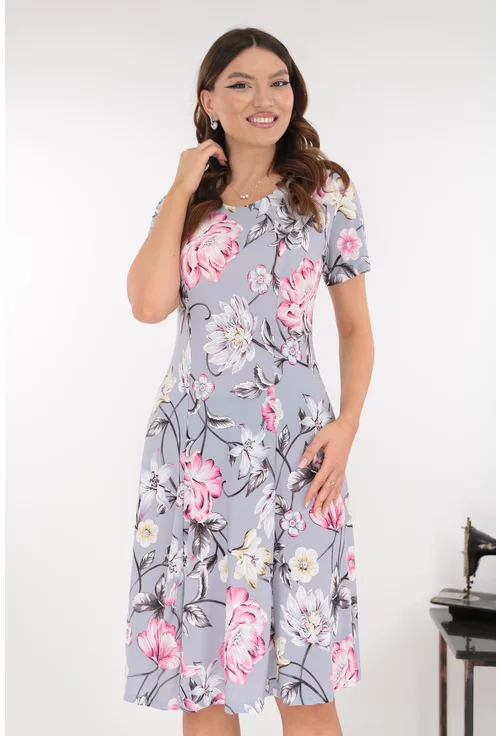 Rochie gri in clini cu flori maxi roz