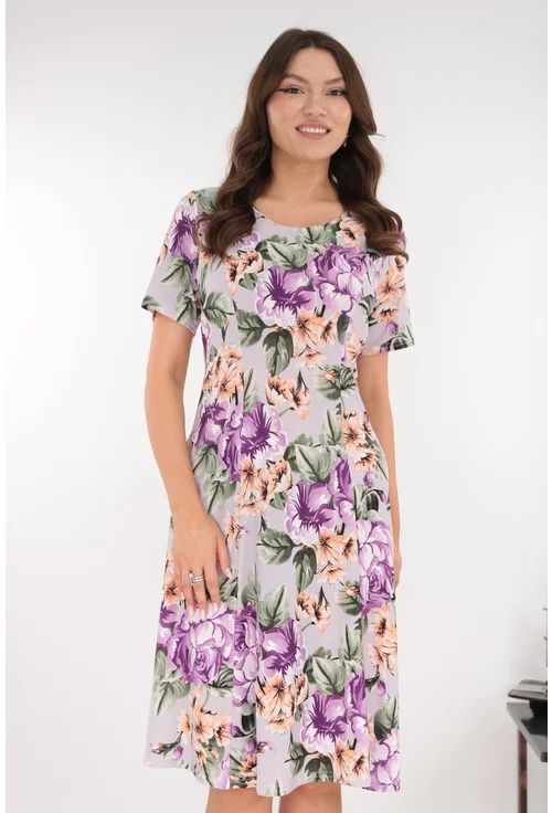 Rochie gri in clini cu flori maxi violet-bej