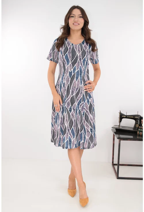 Rochie gri in clini cu print abstract albastru-alb