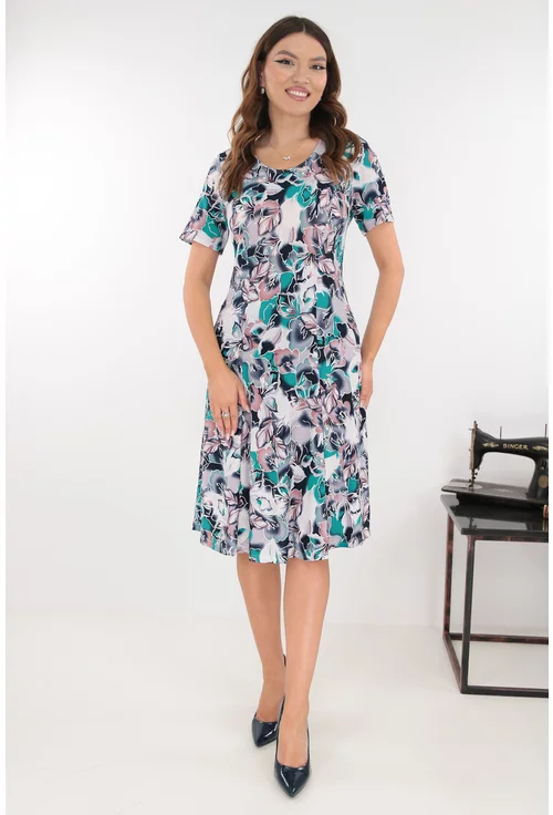 Rochie gri in clini cu print abstract bleumarin-turcoaz