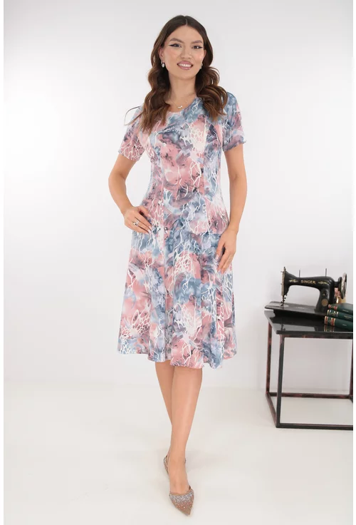 Rochie gri in clini cu print abstract roz-prafuit