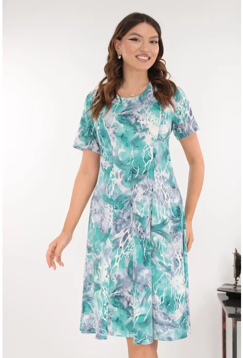 Rochie gri in clini cu print abstract turcoaz