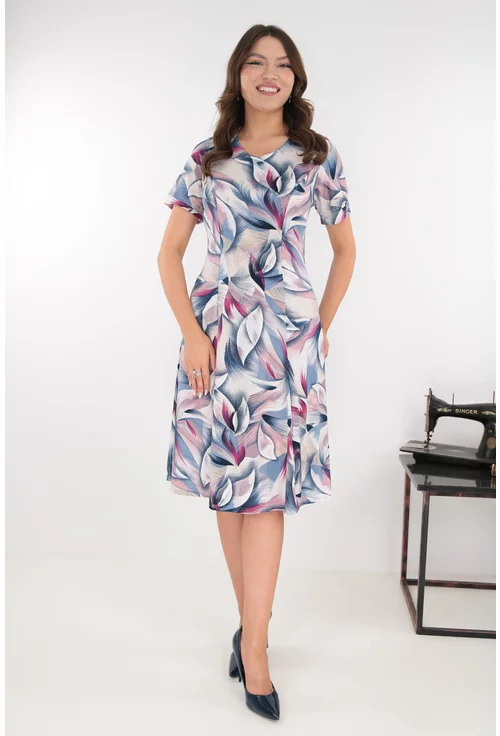 Rochie in clini cu print abstract albastru-ciclamen