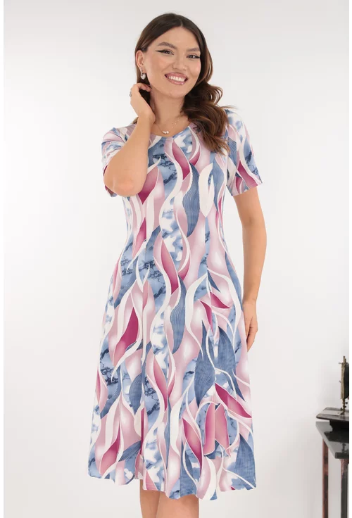 Rochie in clini cu print abstract albastru-roz