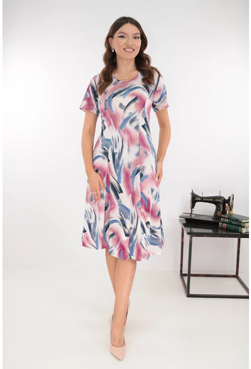 Rochie in clini cu print abstract roz-albastru