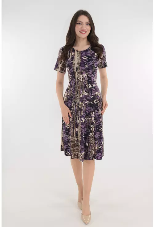Rochie in clini cu print abstract violet-bej