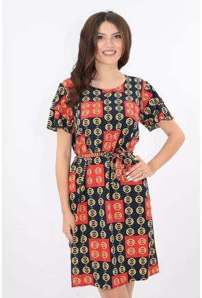 Rochie lejera bleumarin cu cordon in talie si patrate rosii