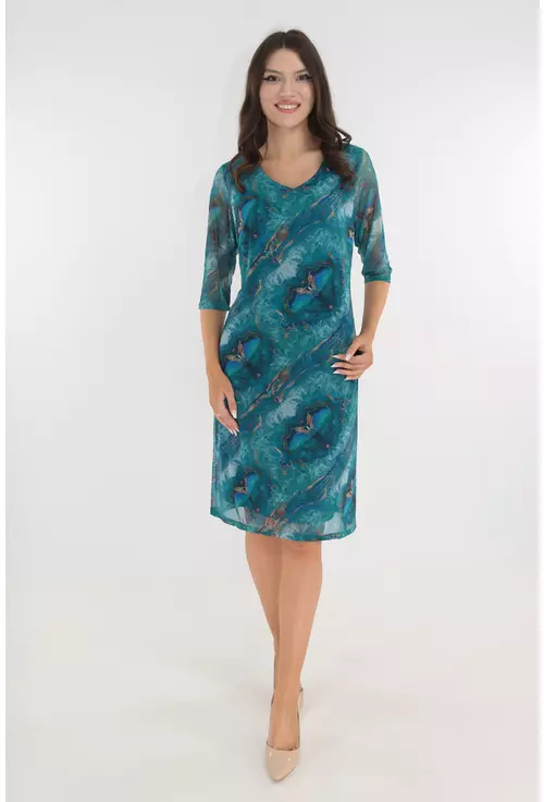 Rochie lejera din tulle turcoaz cu print abstract