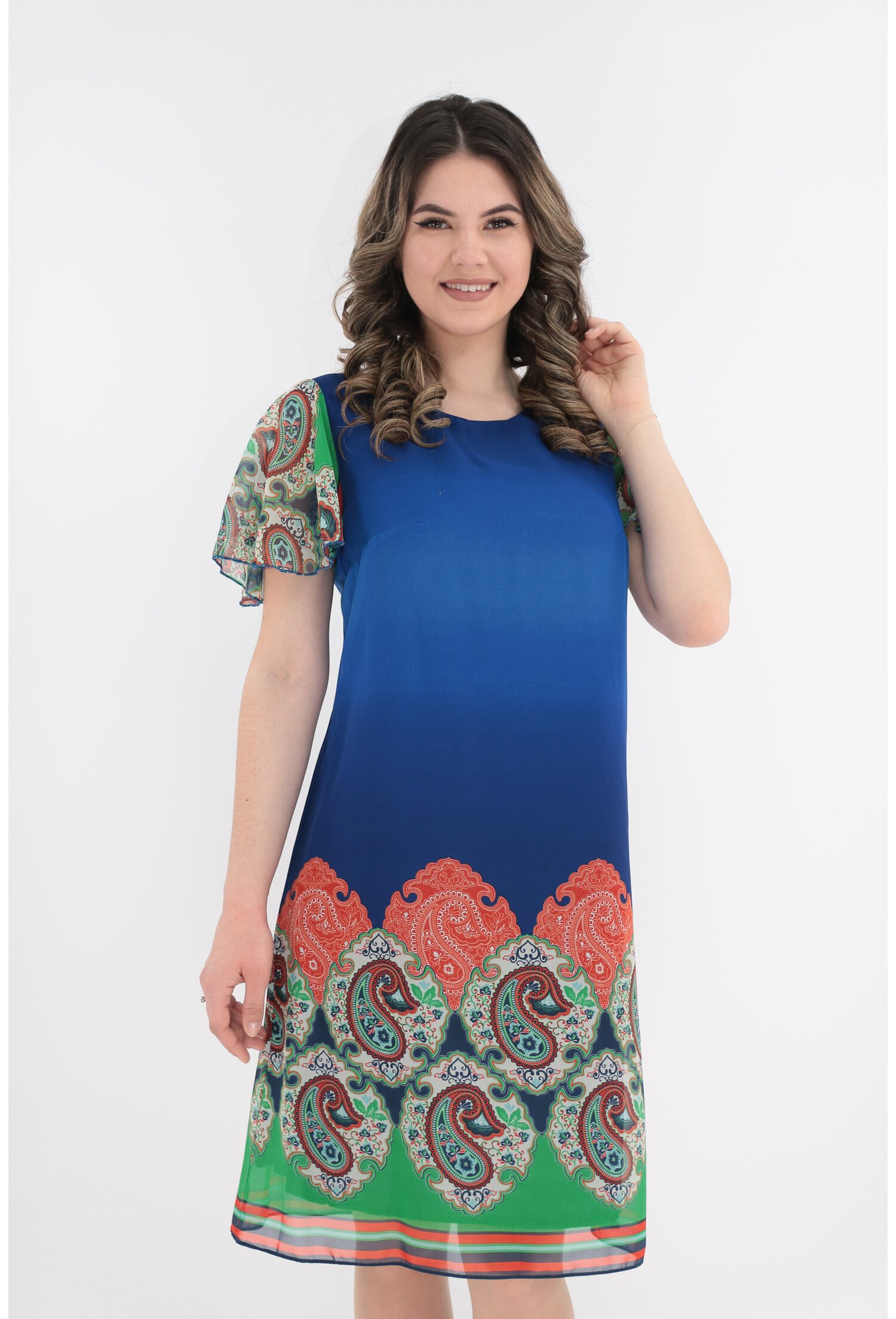 Poze Rochie lejera din voal albastru cu bordura multicolora