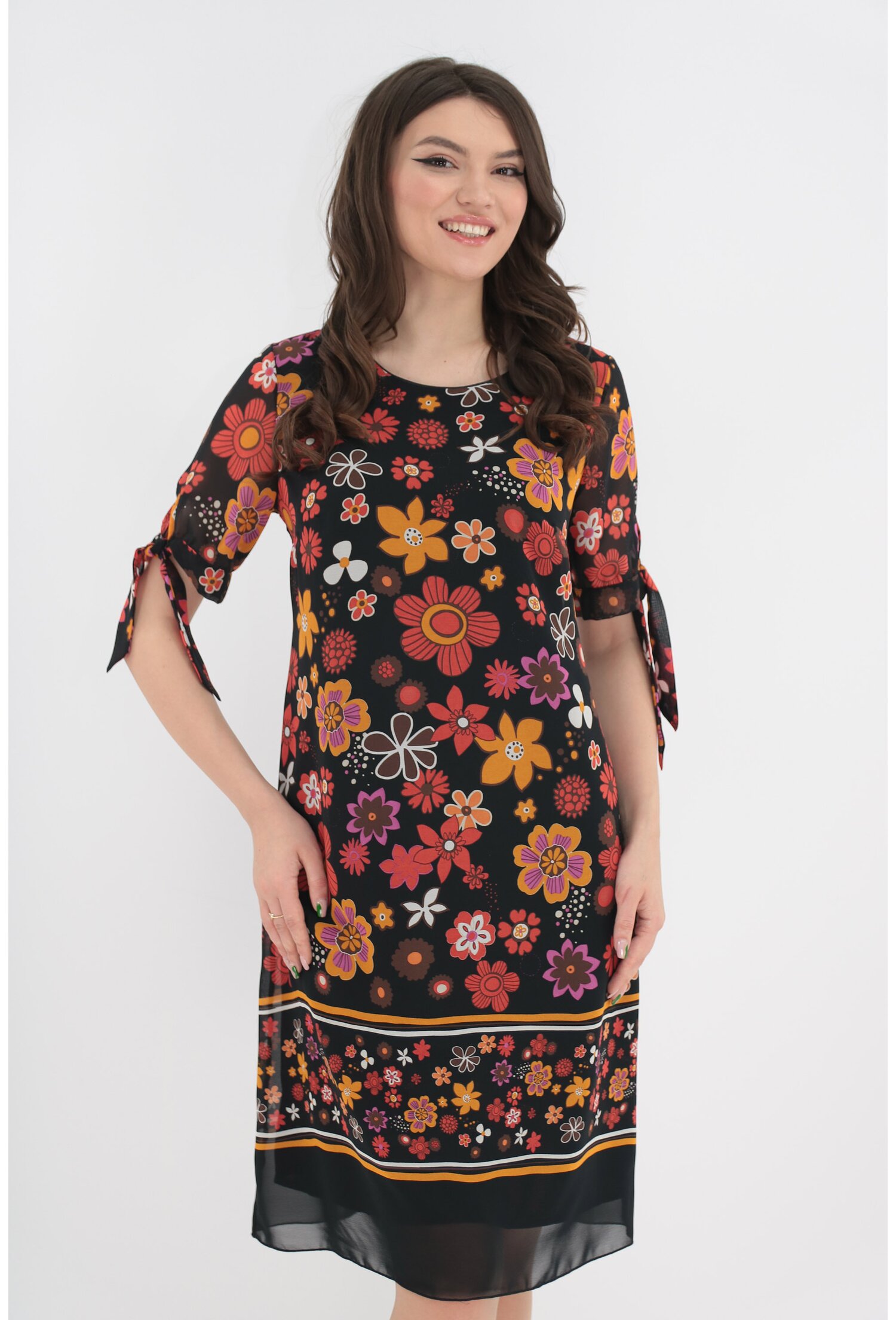 Rochie cu imprimeu floral lejera din voal negru multicolor