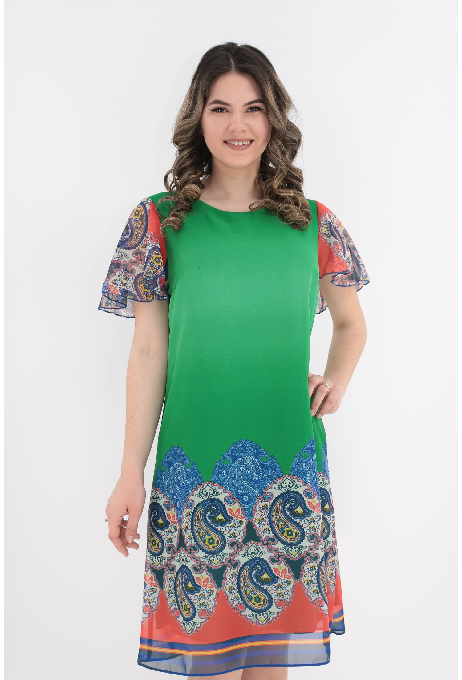 Rochie lejera din voal verde cu bordura multicolor