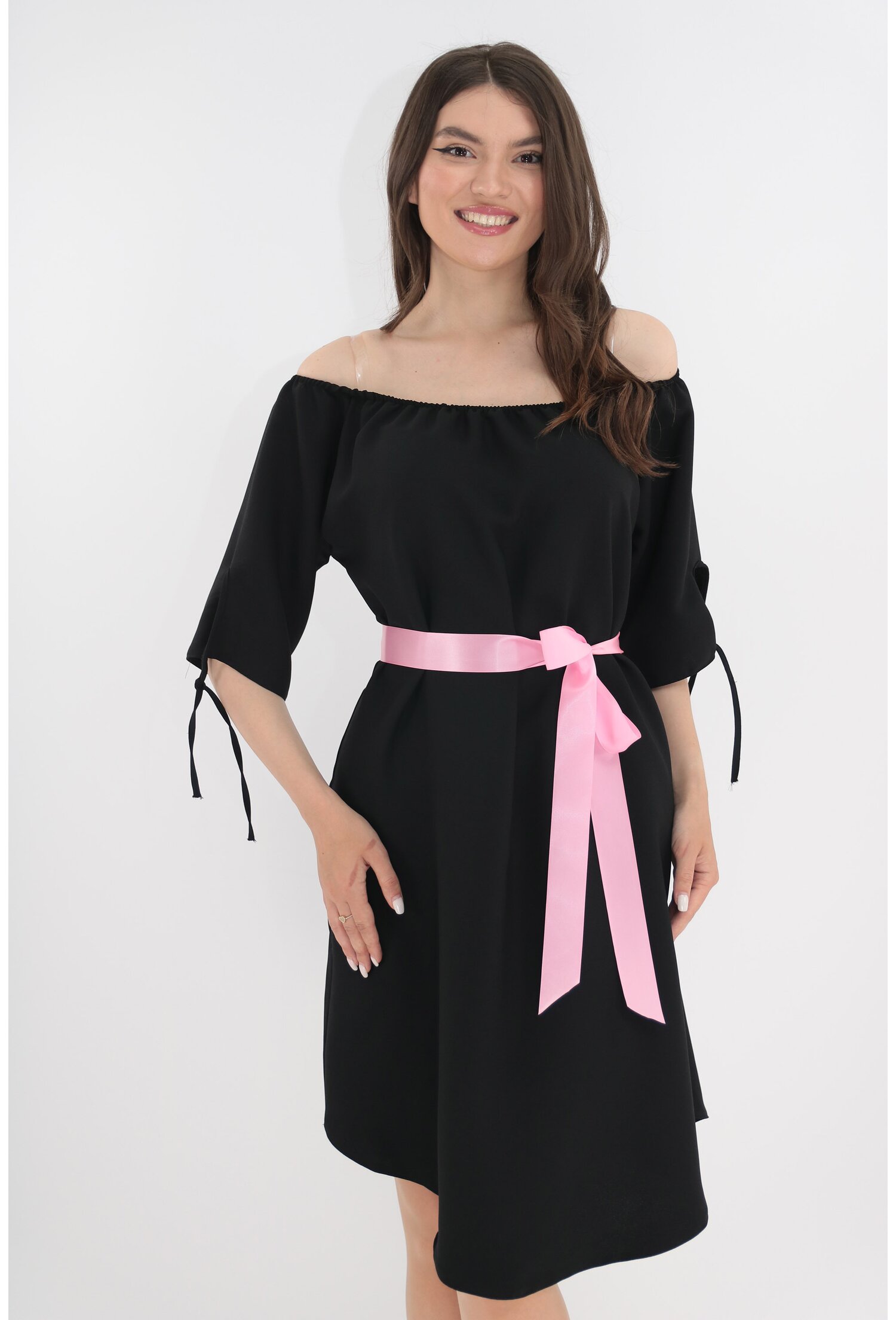 Rochie de primavara lejera neagra cu cordon in talie