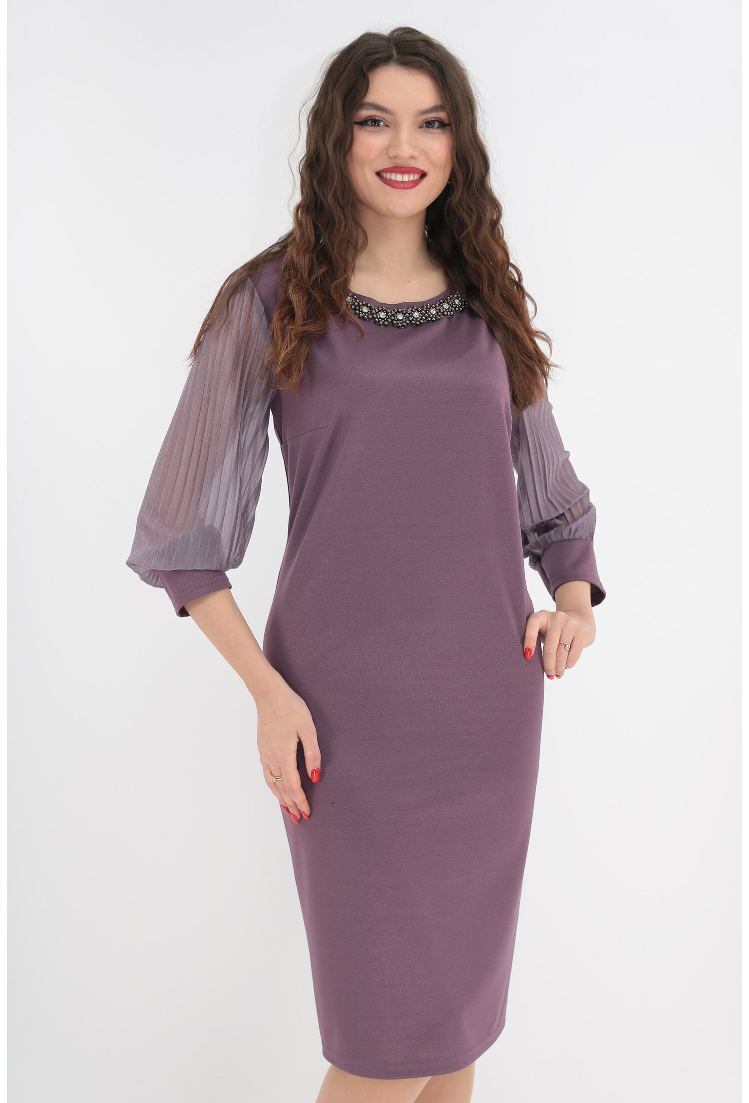Rochie lila cu maneci din voal plisat