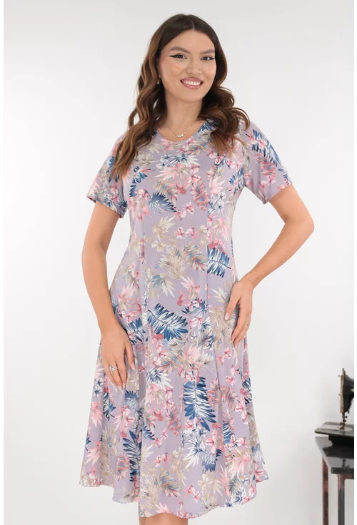Rochie lila in clini cu print floral roz-albastru