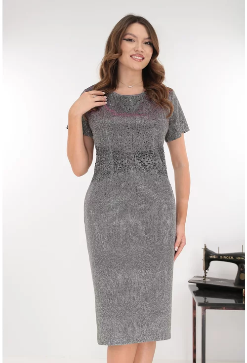 Rochie de ocazie din lurex argintiu cu reflexii multicolore si strasuri