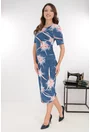 Rochie midi albastra cu print abstract rosu