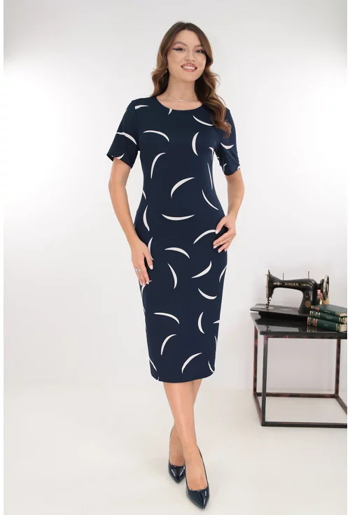 Rochie midi bleumarin cu print abstract alb