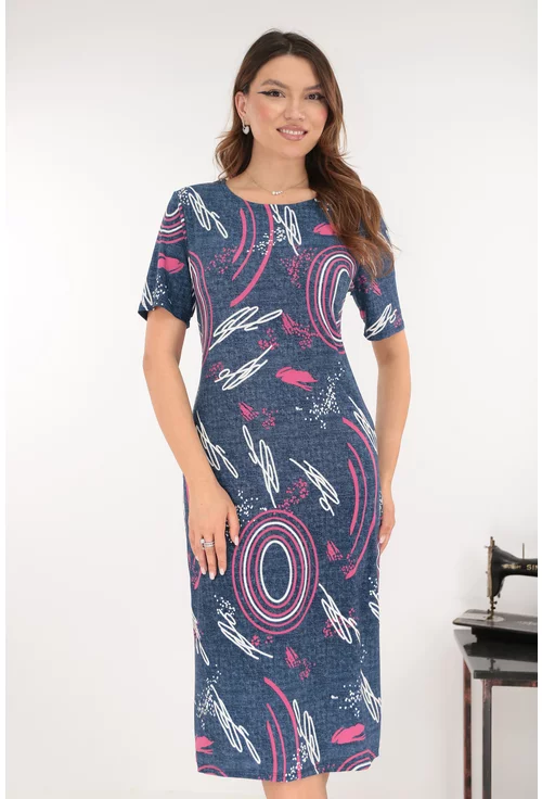 Rochie midi bleumarin cu print abstract alb-roz