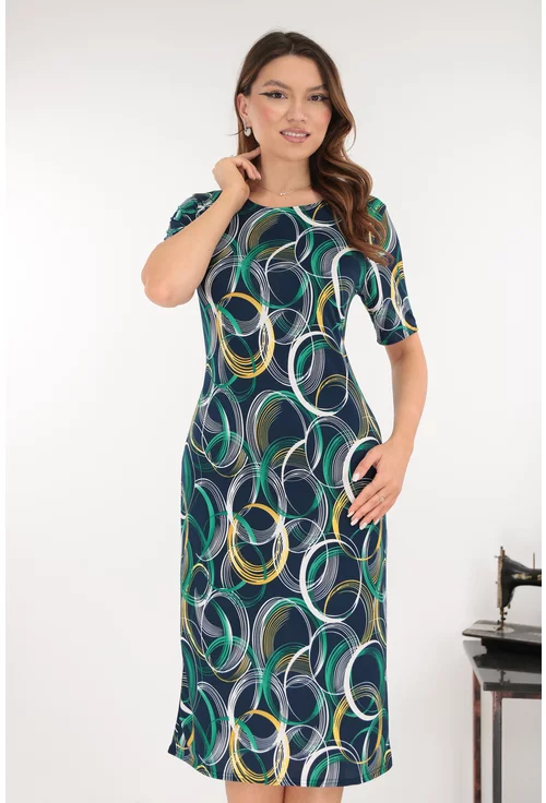 Rochie midi bleumarin cu print abstract galben-verde