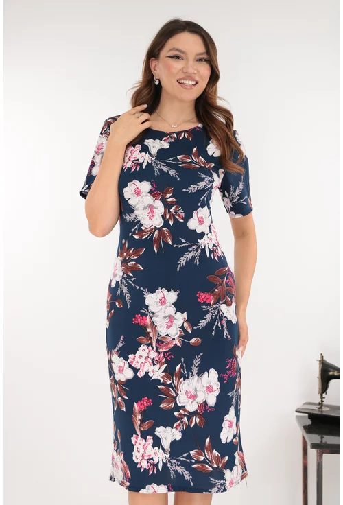 Rochie midi bleumarin cu print floral maxi alb-roz