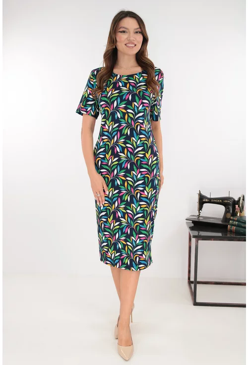 Rochie midi bleumarin cu print floral multicolor