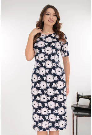 Rochie midi bleumarin cu print floral roz