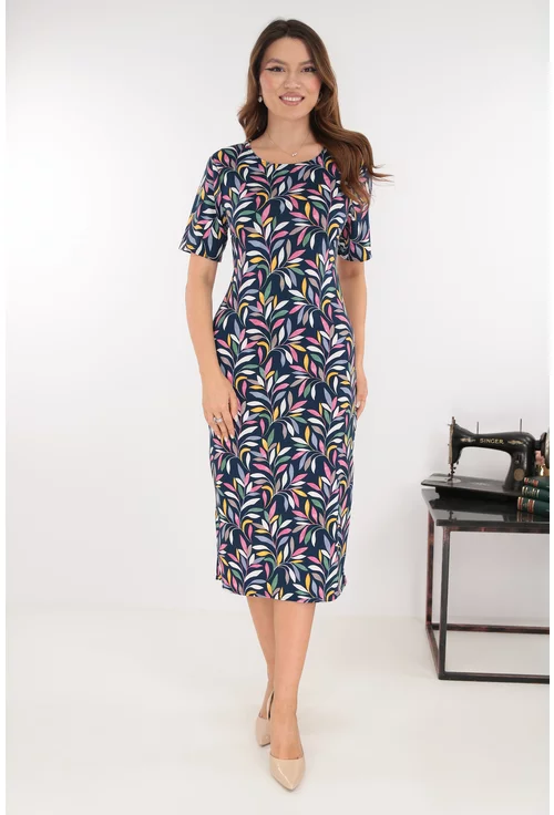 Rochie midi bleumarin cu print floral roz-galben