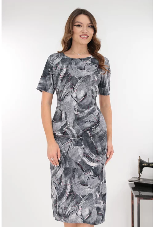 Rochie midi gri cu print abstract alb-rosu