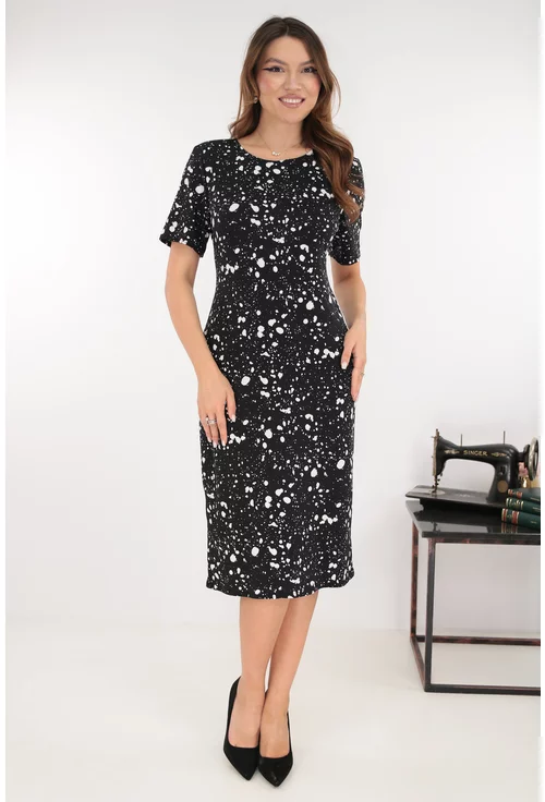Rochie midi neagra cu imprimeu cu buline albe