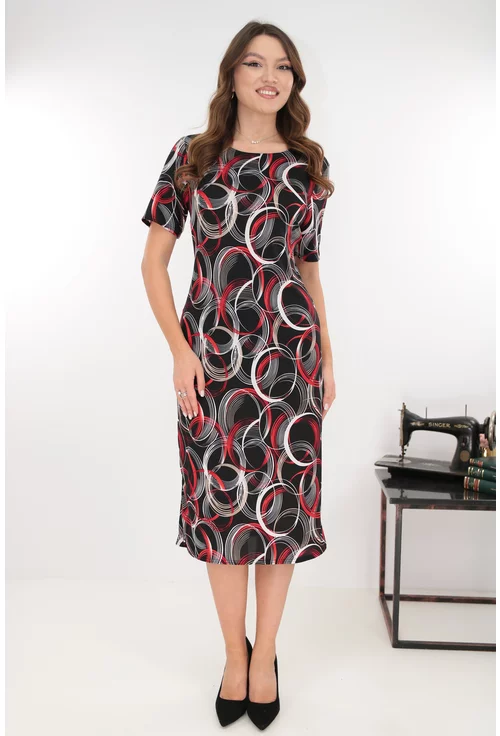 Rochie midi neagra cu print abstract alb-rosu