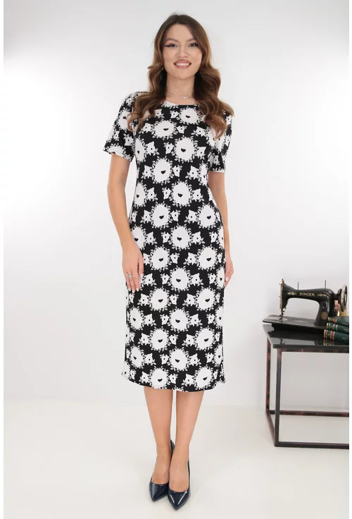 Rochie midi neagra cu print floral alb